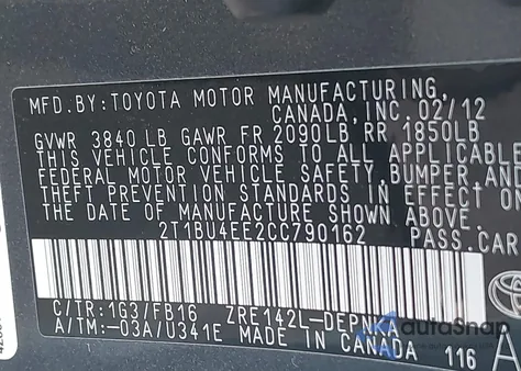 2012 Toyota Corolla Le из США, поврежденный, VIN 2T1BU4EE2CC790162